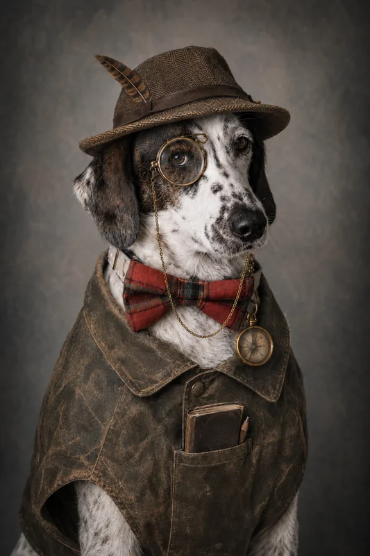The Britographer — a white-and-brown spotted dog in character as a Victorian field naturalist: a feathered tweed hat, a monocle, a red tartan bow tie, a brass compass on a chain, and a worn leather field coat with a notebook in the breast pocket.