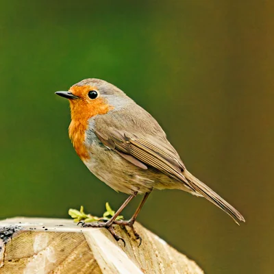 A European robin on a weathered post, orange-red breast against a soft green background