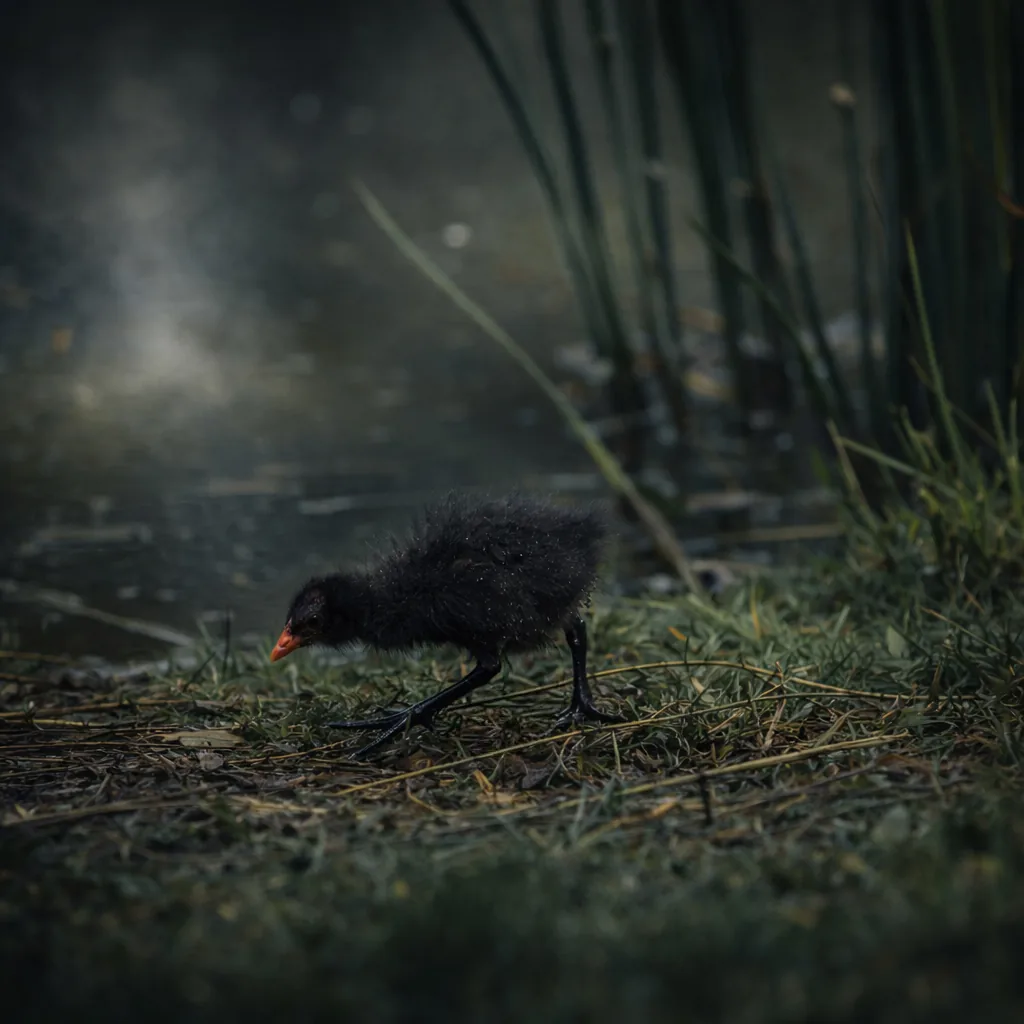 A moorhen chick picking its way through waterside grass in Pentrefelin, Wales