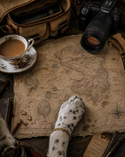 A dog's spotted paw resting on a hand-drawn antique map, beside a cup of tea, a Canon camera and a worn leather field bag