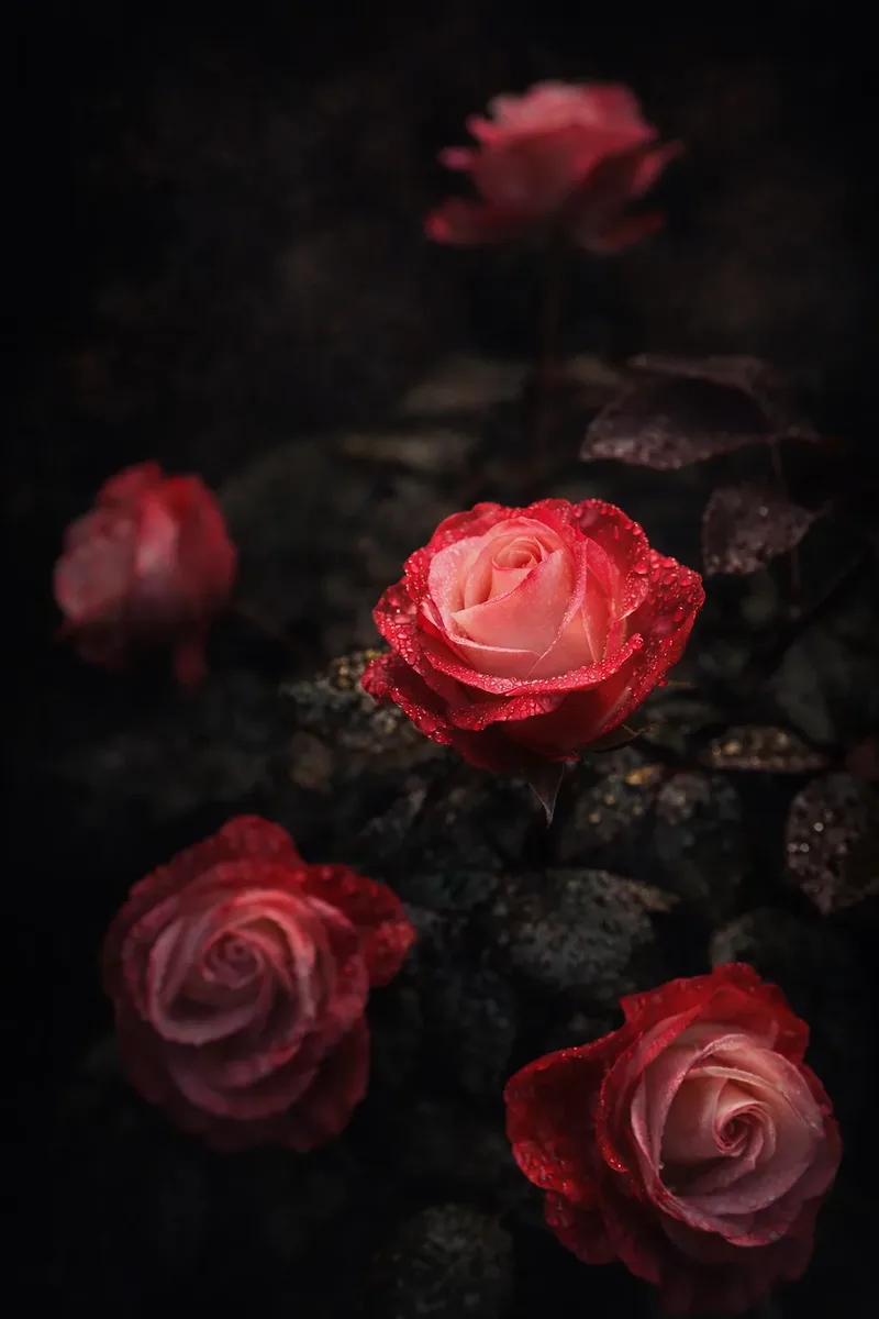 Rain-damp roses in bloom, moody British garden photography