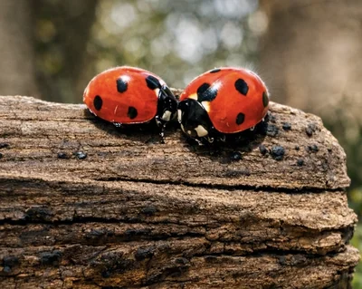 Two seven-spot ladybirds (Coccinella septempunctata) facing each other on weathered wood